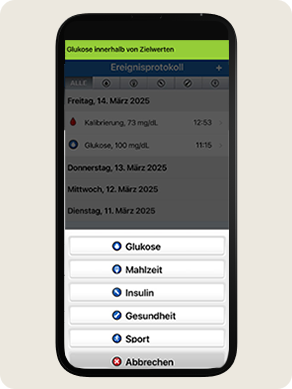 Telefonbildschirm zeigt ein Ereignisprotokoll der Gesundheits-App mit den Optionen: Glukose, Mahlzeit, Insulin, Gesundheit, Sport, Abbrechen.