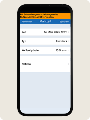 Smartphone zeigt eine App mit Ereignisprotokoll f&uuml;r Mahlzeiten.