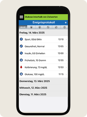 Smartphone Bildschirm zeigt eine App zur Glukose&uuml;berwachung mit Ereignisprotokolleintr&auml;gen, einschlie&szlig;lich Blutzuckermesswerten und Details zu Mahlzeiten.