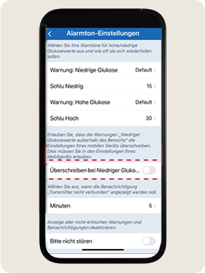 Smartphone Bildschirmanzeige mit &bdquo;Toneinstellungen&ldquo; und Optionen f&uuml;r Glukosewarnungen. Die Option &bdquo;&Uuml;berschreiben bei Niedriger Glukose&ldquo; ist aktiviert.