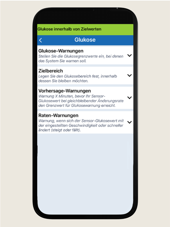 Smartphone-Bildschirm mit Anzeige der Einstellungen f&uuml;r die Glukose&uuml;berwachung.