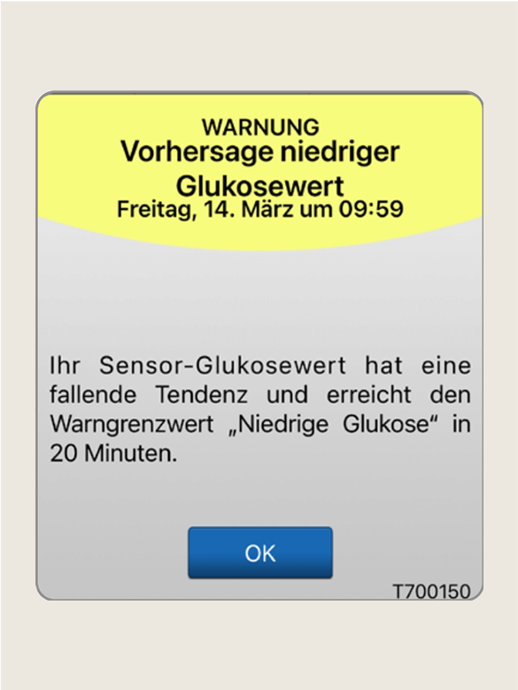 Warnmeldung sagt einen niedrigen Glukosespiegel innerhalb von 20 Minuten voraus. Der Text lautet: &bdquo;Vorhersage niedriger Glukosewert&ldquo;.