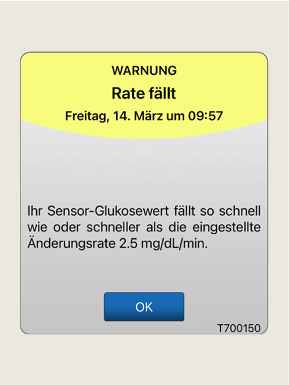 Die Warnmeldung auf einem Ger&auml;t zeigt &bdquo;Rate f&auml;llt &ldquo; an, was auf eine Abnahme des Glukosespiegels hinweist.
