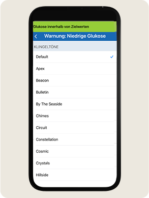 Der Bildschirm eines Smartphones zeigt die Seite mit &bdquo;Warnung: Niedrige Glukose&ldquo; mit Klingelton-Optionen.