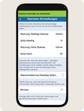 Ein Smartphone-Bildschirm, der die Einstellungen f&uuml;r die Alarmt&ouml;ne anzeigt, einschlie&szlig;lich der Schlummeroption und der &Uuml;berschreibfunktion.
