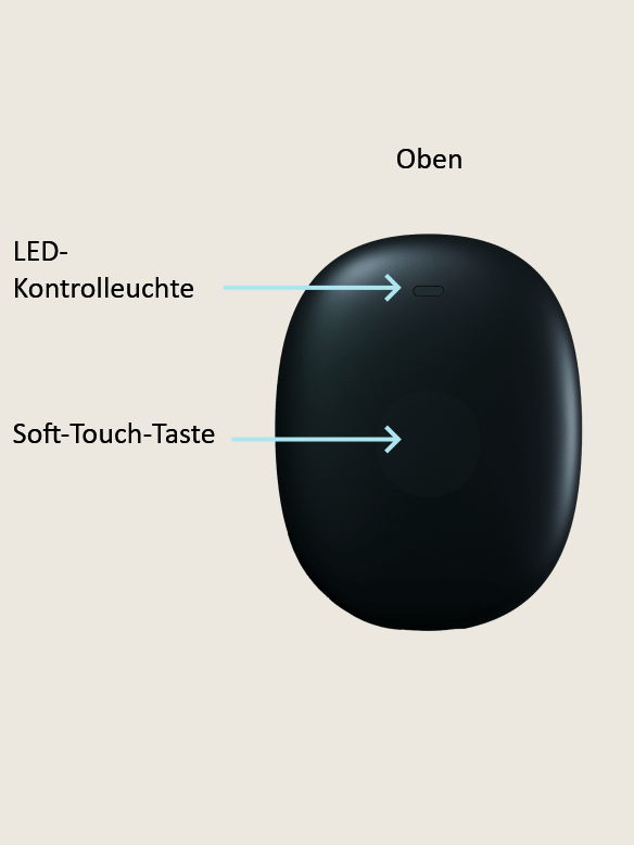 Schwarzes CGM Ger&auml;t mit Soft-Touch-Knopf und LED-Anzeige mit der &Uuml;berschrift &bdquo;Oben&ldquo; auf einem einfachen, hellen Hintergrund.